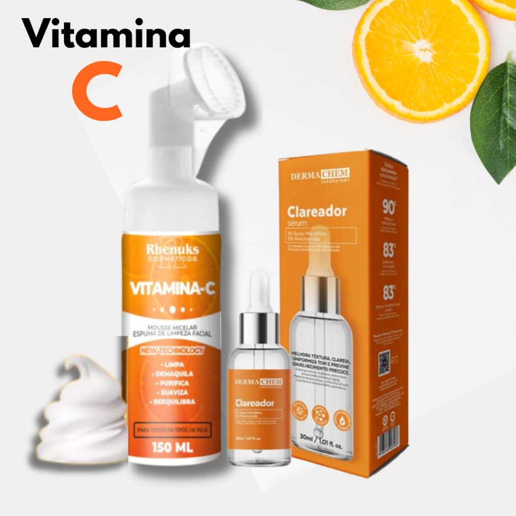 Kit Skincare Mousse Limpeza Facial Vitamina C+Sérum Clareador Dermachem